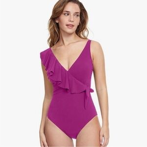 Profile by Gottex Tutti Frutti V-Neck Ruffle One-Piece Swimsuit Size 12 NEW!